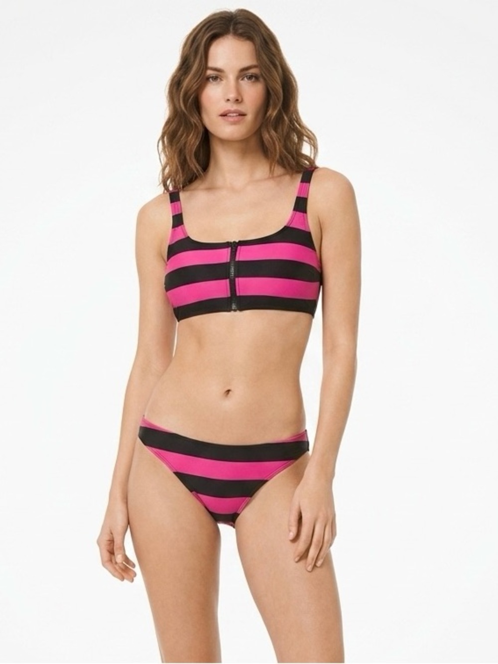 Michael Kors Pink and Black Zipper Bikini Top